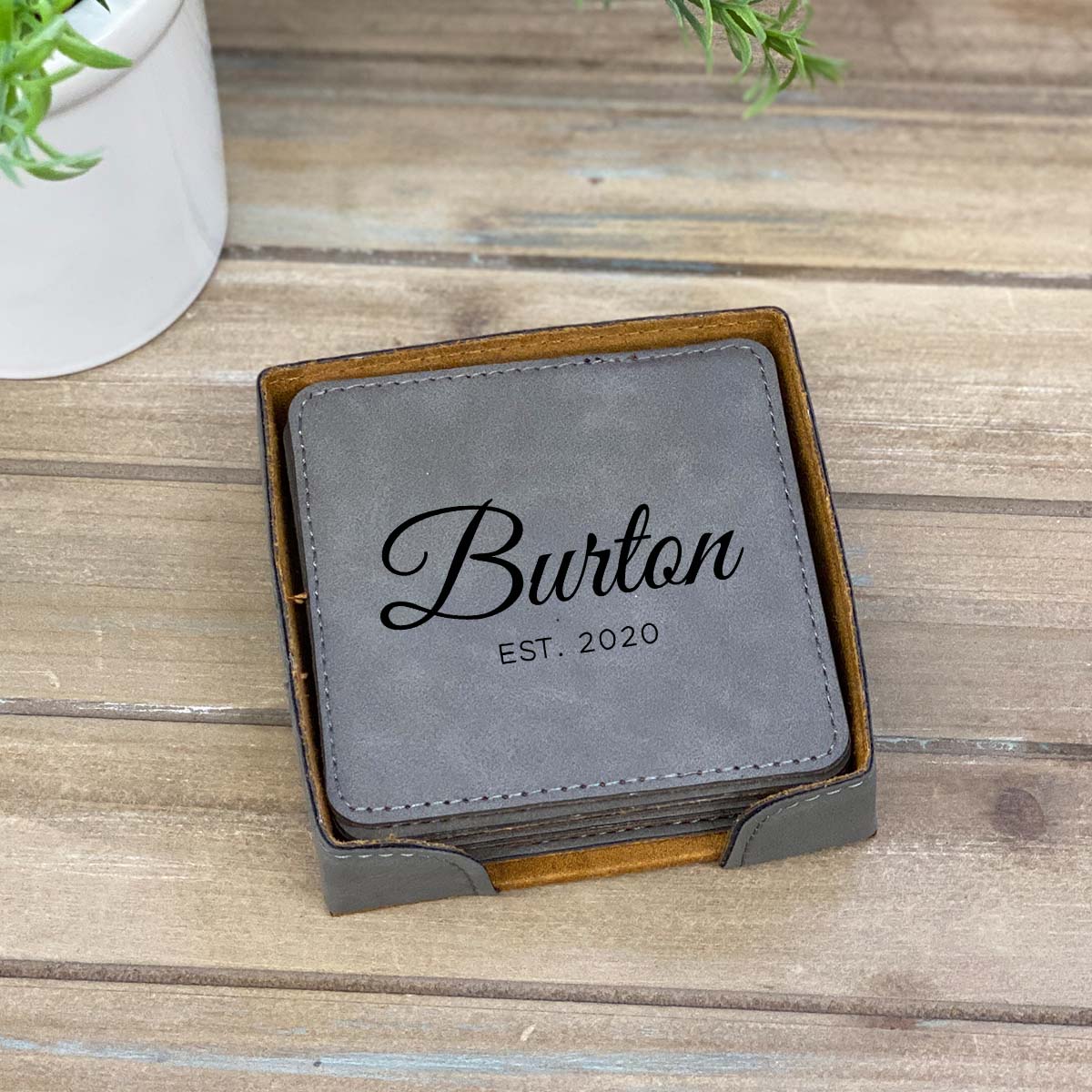 Elegant Personalized Leather Coasters Set of 6 - Stamp Nouveau