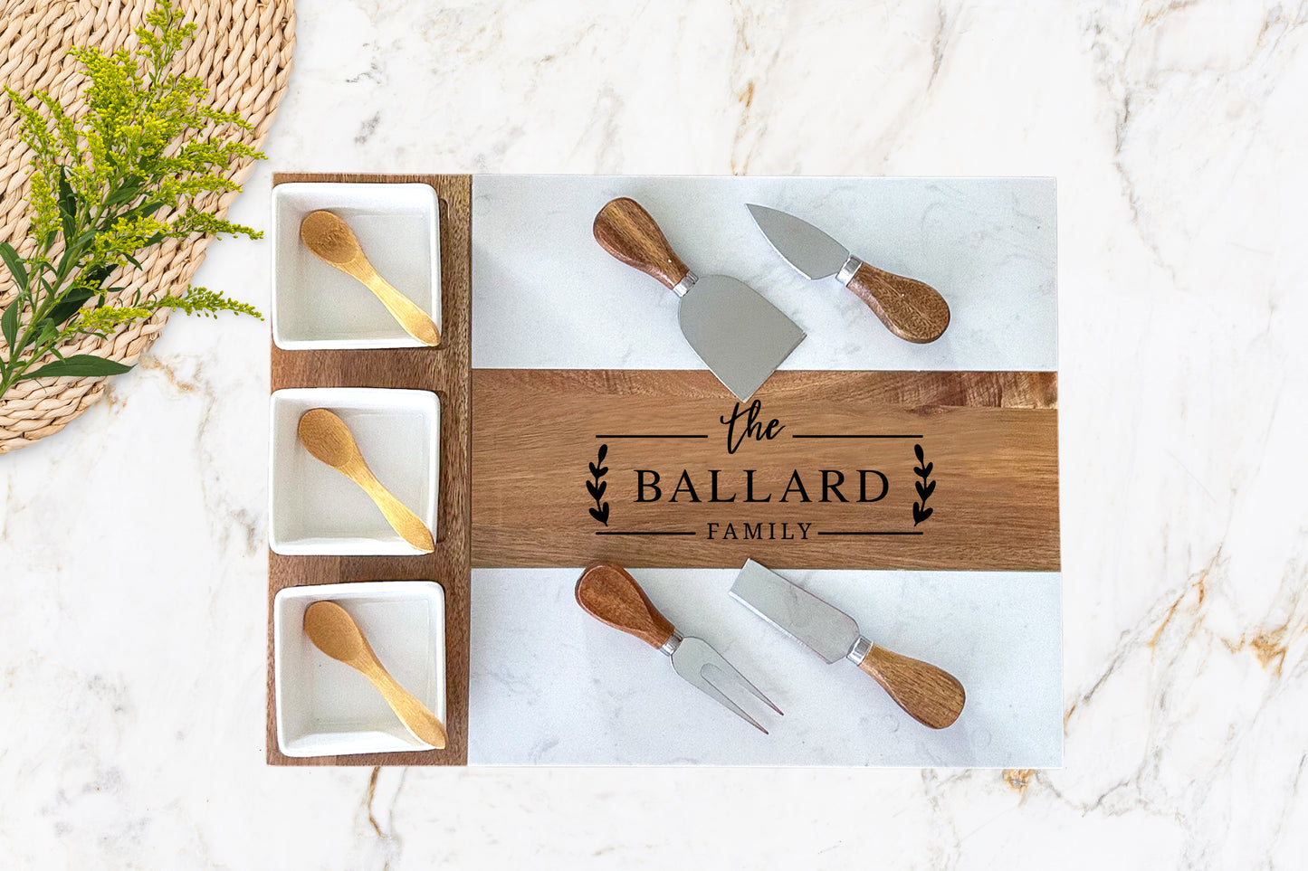 Personalized Marble Wood Charcuterie Board Set