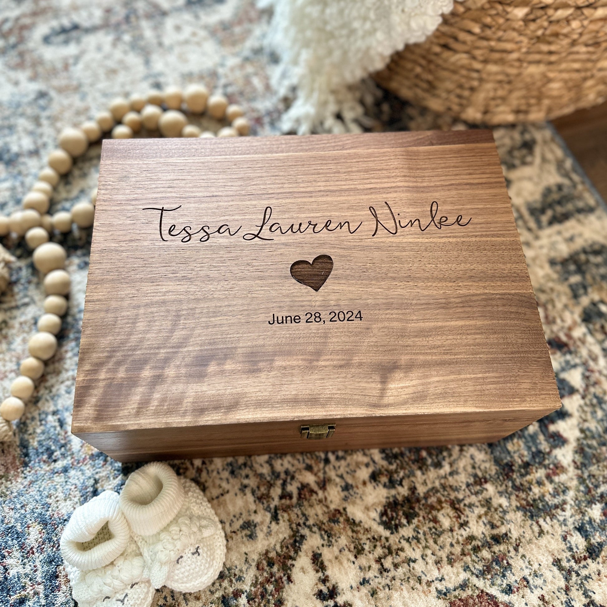 Walnut personalized keepsake box. Perfect custom memory box for the new mom and new baby. The perfect baby shower gift