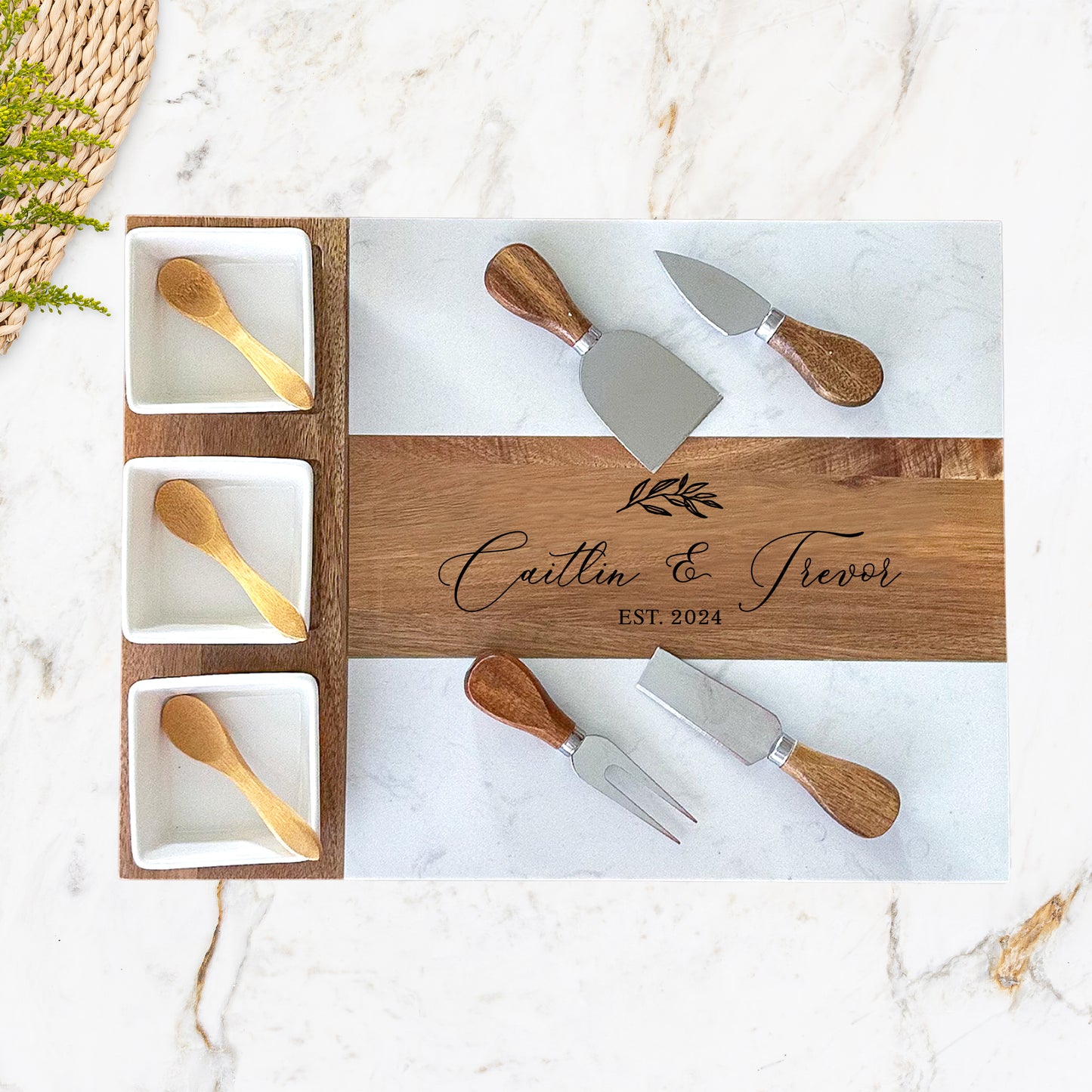 Personalized Marble Wood Charcuterie Board Set