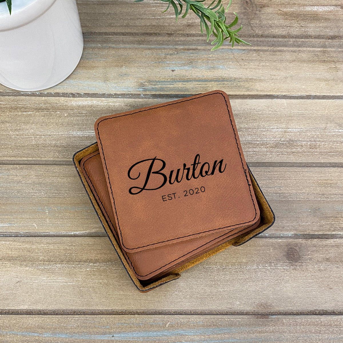 Elegant Personalized Leather Coasters Set of 6 - Stamp Nouveau