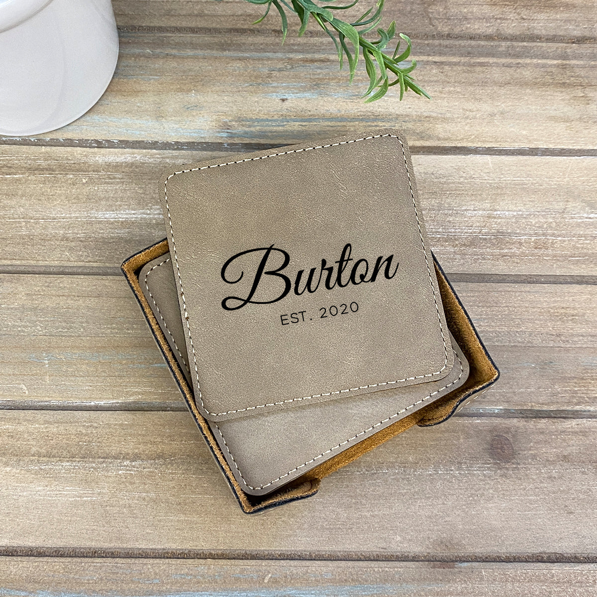 Elegant Personalized Leather Coasters Set of 6 - Stamp Nouveau
